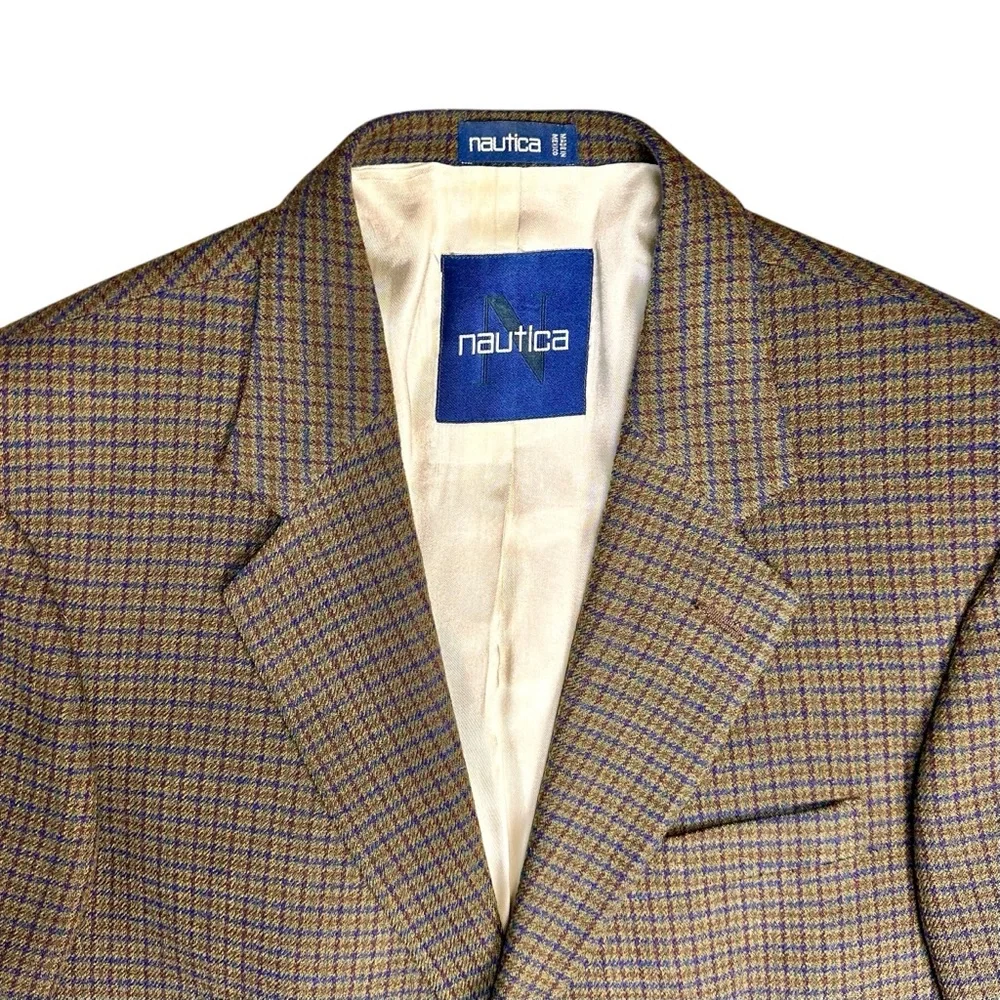 VTG Nautica Men's 44R Houndstooth Sport Coat Brown Tweed‎ Blazer Jacket 2 Button